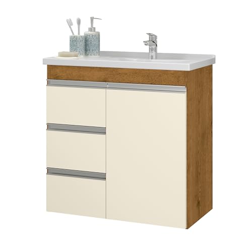 Armário Gabinete de Banheiro com 03 Gavetas e Cuba Malibu Fhem móveis Cor OffWhite/Freijó