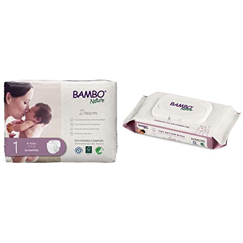 Bambo Nature Premium Eco-Friendly Baby Diapers, Size 1, 216 Count + Bambo Nature Tidy Bottoms Eco-Friendly Baby Wet Wipes, 1200 Count Bundle