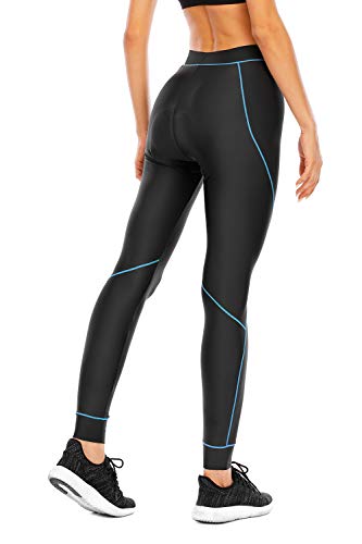 4ucycling Women 3D Padded Breathable ¾ Cycling Biking Shorts,UPF 50 Women's Running Pants, Women's Capri Bike Tights (Long-Black & Blue Line, Small)