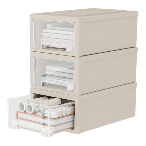 Minekkyes 3 Pack Plastic Stackable Storage Drawer Organizers, Multi-Purpose Bins for Bedroom, Bathroom, Closet, Dorm