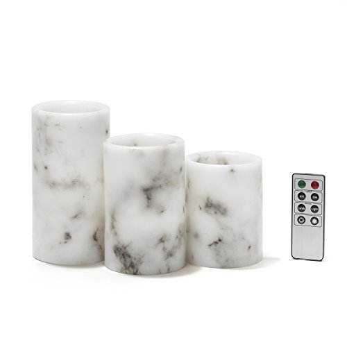 Flameless Pillar Candles with Remote - 3x4 3x5 3x6 Inch, 3 Pack, Marble Real Wax, Battery Operated, Flickering LED Light, Timer & Batteries Included