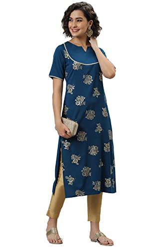 Image of Janasya Women's Teal Gold Printed Poly Crepe Kurta