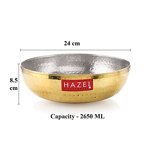 Image of HAZEL Brass Kadai Tasra with Kalai | 100% Pure Brass Kadhai with Tin Coating | Brass Kadai Without Handle for Cooking and Serving | Brass Utensils for Kitchen, 2650 ML, 24 cm