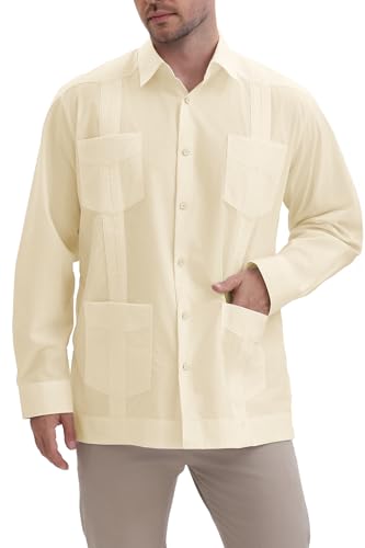 MAXJON Men's Guayabera Shirts for Men Long Sleeve Cuban Snap Button Shirts Mexican Guayabera Shirts with Four Pockets