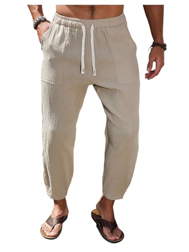 GORGLITTER Men's Straight Leg Cropped Pants Drawstring Waist Casual Trousers with Pockets