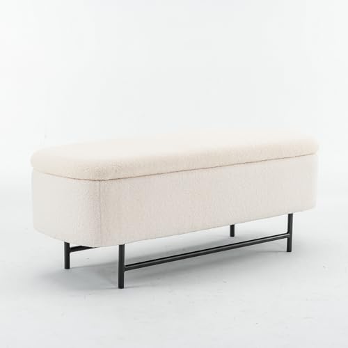 Boucle Storage Bench for Bedroom, Upholstered Storage Ottoman Bench with Metal Stand, Modern Bench for Bedroom, Teddy End of Bed Bench for Living Room/Entryway/Bed Side,43",Beige