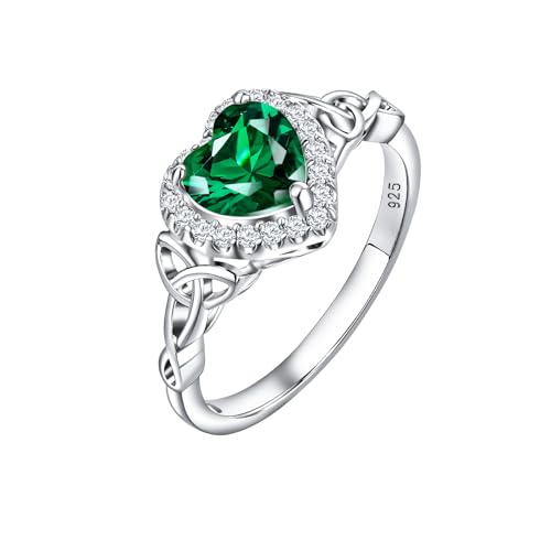 DAYBYDAY Emerald Ring Sterling Silver Heart Promise Ring Trinity Knot Celtic Rings for Women May Birthstone Ring Size 8