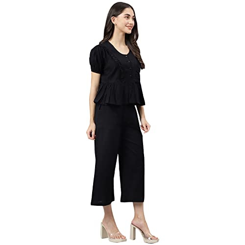 Image of DEEBACO Women's Solid Calf Length Top with Trouser|V-Neck|Short Sleeve|Cord Set for Women Cotton|Jumpsuits Western Dress for Women Stylish|Two Piece Co ord Set|Party Casual Wear(Aqua Blue)