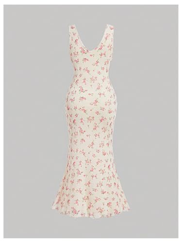 Verdusa Women's Plus Size Floral Mesh Bodycon Fishtail Wedding Guest Dress Deep V Neck Sleeveless Dress2