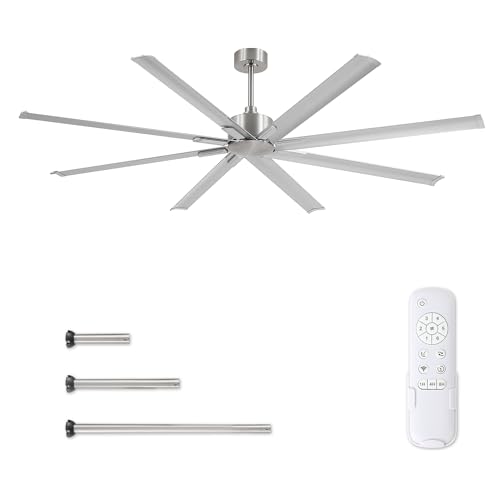 ZMISHIBO 84 Inch Industrial DC Motor Ceiling Fan, Large Ceiling Fan with 8 Reversible Blades, 3 Downrods, 6-Speed Remote Control, Home or Commercial Ceiling Fans for Porch/Garage/Shop, Nickel