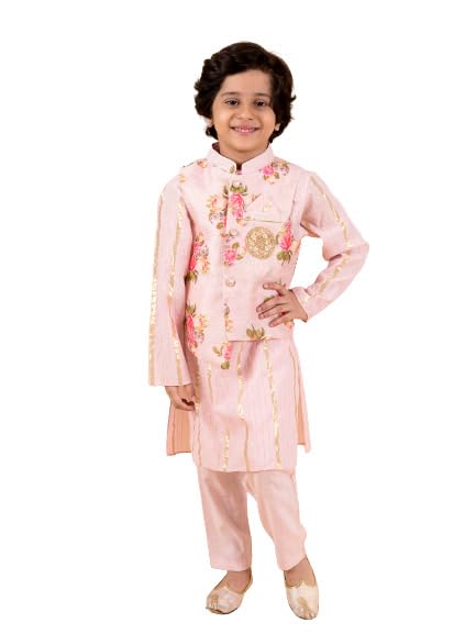 Pspeaches Kids-Boys Pink Floral Printed Pure Cotton Kurta With Trousers And Nehru Jacket