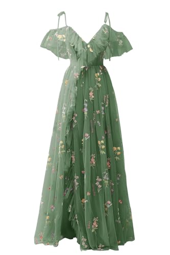 Fivsole Flower Embroidery Tulle Prom Dresses 2025 Long Formal Evening Party Floral Gowns