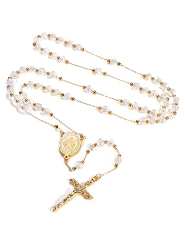 FaithHeart Collier Chapelet Catholique Plaqué Or pour Femme, Rosaire de 66cm en Cristal Blanc avec Médaille de Vierge Marie et Pendentif Crucifix,...