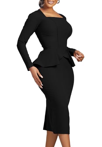 LAJIOJIO Formal Midi Dresses for Women Long Sleeve Ruffle Bodycon Slit Business Office Pencil Dress