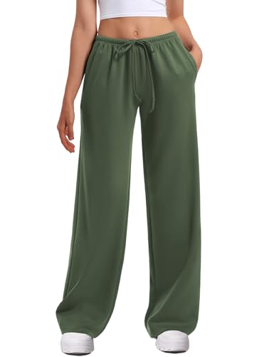 HeSaYep Womens Wide Leg Sweatpants Straight Leg Lowrise Sweat Pants Drawstring Elastic Low Waist Pants with Pockets Army Green M
