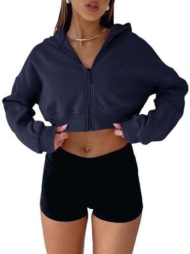 Aurgelmir Women's Cropped Zip Up Hoodie Sweatshirts Long Sleeve Casual Loose Y2K Pullover Tops Navy