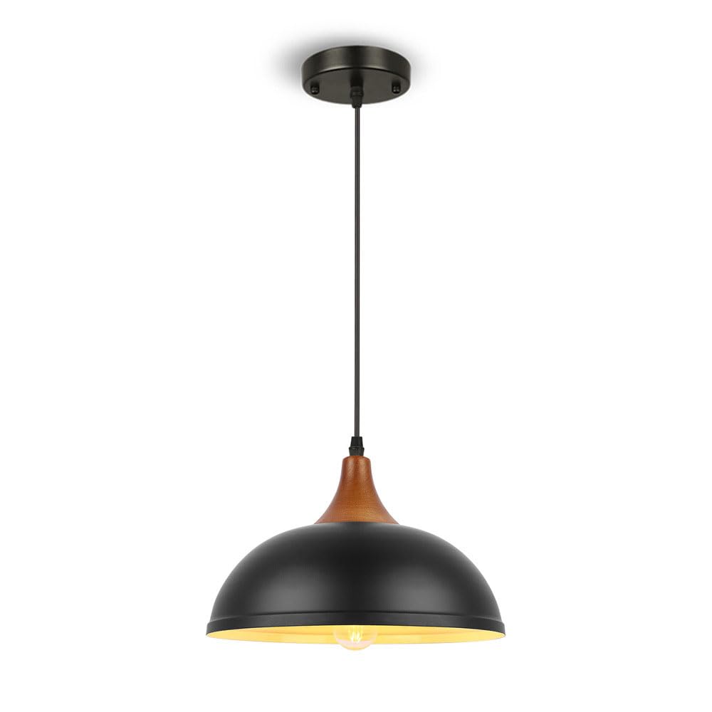 HXYSXHJUO Black Dome Hanging Lamp Wood Pendant Light Kitchen Island Lighting Fixture Single Ceiling Droplight Dining Table Lamps Bedroom Bedside Suspension Lights E27 Chandelier