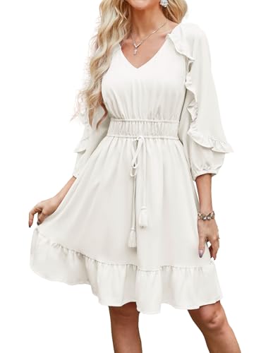 GRACE KARIN Women's Dress 3/4 Long Sleeve Casual Dress Floral Wedding A-Line Elegant Dress White L