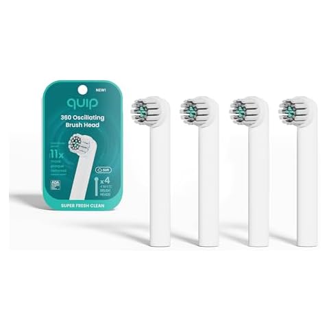 quip 360 Oscillating Electric Toothbrush Heads - 4 Pack - Verified quip Brush Head Refills for Oscillating Toothbrushes - Soft Bristles, Dual-Length, Compact - Last 3 Months Each - White Cover