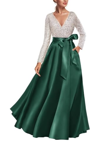 Womens Sequin Long Sleeves Evening Gown Long Satin Prom Dress Elegant A Line Wedding Guest Dress with Pocket
