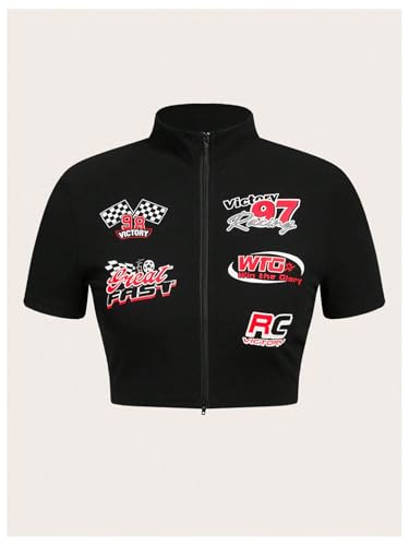 SweatyRocks Women's Letter Graphic Zip Up T Shirts Collar Short Sleeve Slim Fit Crop Tops3