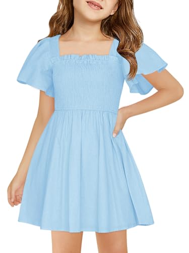 Haloumoning Girls Ruffle Short Sleeve Smocked Summer Dress Kids Square Neck A Line Flowy Mini Dresses 5-14 Years