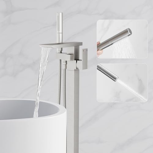 RUMOSE Brushed Nickel Bathtub Filler Freestanding Tub Filler Floor Mount Tub Faucet Waterfall Bathtub Faucet with CUPC Certified High Flow Brass Bath Shower Faucets with Handheld Sprayer