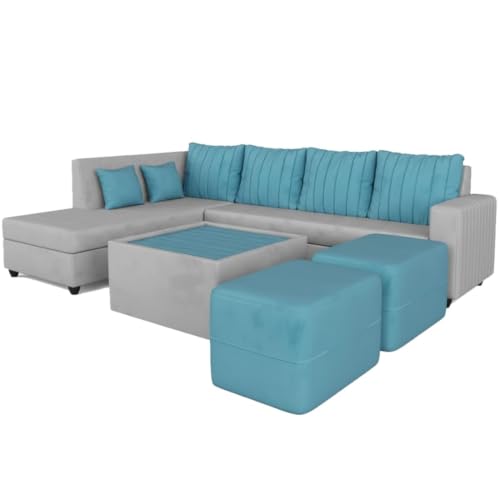 Image of CASASTYLE Stylano 8 Seater Fabric LHS L Shape Sofa Set with 1 Centre Table & 2 Ottoman (Sky Blue -Light Grey) 8-Person Seating with Premium Velvet Finish