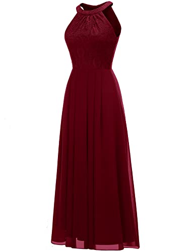 Dressystar Women's Summer Long Formal Dress Halter Lace Dress Wedding Bridesmaid Party Gown Dark Red 2Xl #TOP3