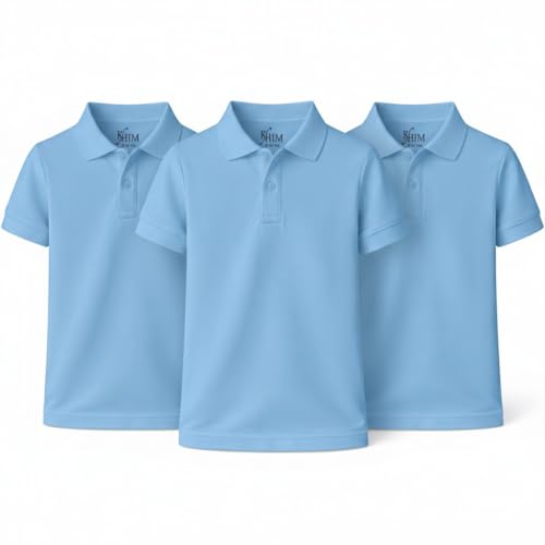 KHIM Unisex Polo Short Sleeve Polycotton Boys Girls School Uniform Plain Half Sleeve Shirts Sports Wear Indoor Outdoor (UK, Age, 9 Years, 10 Years, Regular, Sky Blue 3 Pack)