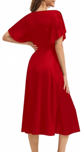 Image of DinyIn Red A Line Dress for Women Summer Short Sleeve Waist Midi Dresses Casual Wrap Ruffle Wedding Guest Party Outfits