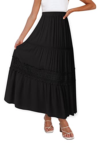 MEROKEETY Women's Boho Elastic High Waist Pleated A-line Ruffle Lace Trim Tiered Midi Maxi Skirt with Pockets