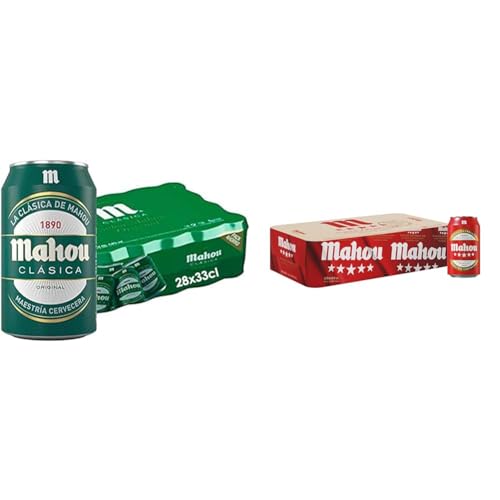 Mahou Clásica Cerveza Dorada Lager, 4.8% Vol. Alcohol, Pack 28 Latas x 33cl + Mahou 5 Estrellas Cerveza Especial Dorada Lager Con Sabor 5 Estrellas, Pack de 28 Latas x 33 cl, 5.5% Volumen de Alcohol