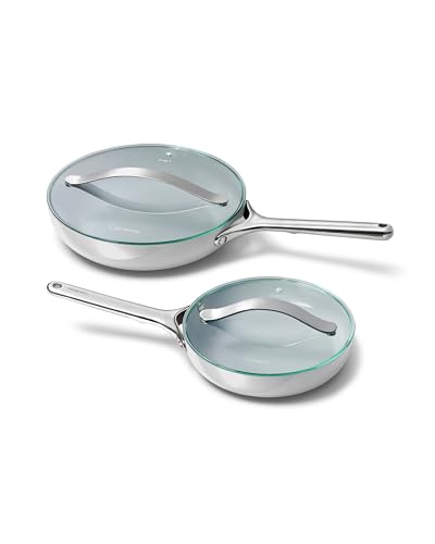 Image of Caraway Ceramic Fry Pan Duo with Glass Lids - Non-Stick Frying Pans (10.5 inch & 8 inch) - Non Toxic, PTFE & PFOA Free - Oven Safe & Compatible with All Stovetops - Gray