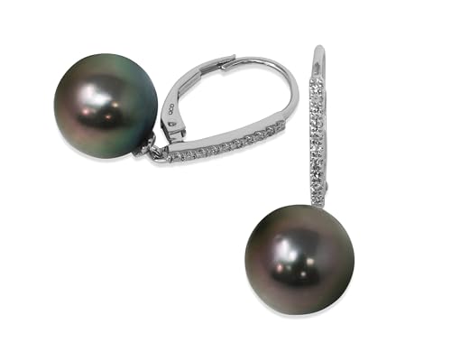 14K White Gold Genuine Tahitian Pearl 10mm and Diamonds Dangle Earrings