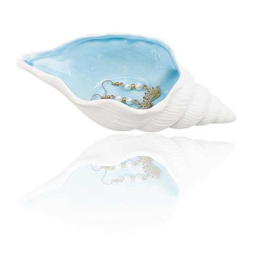 GORGECRAFT Plateau à Bijoux Conque en Céramique Bleu Ciel Organisateur de Bijoux Style Océan Boucles D'Oreilles Colliers Bagues Support de Rangement Décoratif Petite Assiette à Clés pour Montre Entrée
