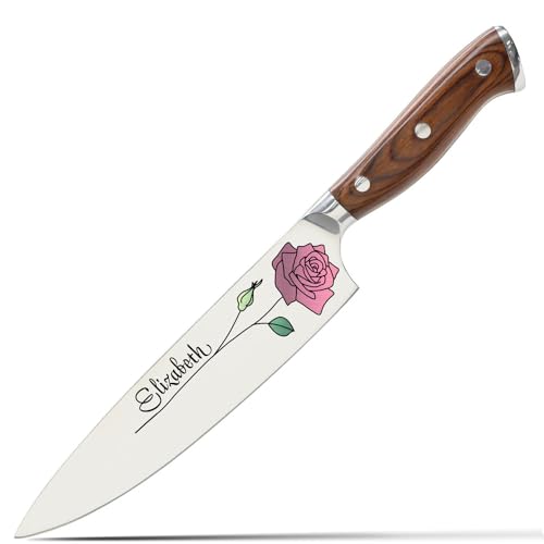 Image of Color Laser Engrave Custom Personalized Chef Knife with Blade Cover and Velvety Red Interior Box Premium Stainless Steel- Personalized for Wife, Mother, Friend with a Rose Design (Design#1)