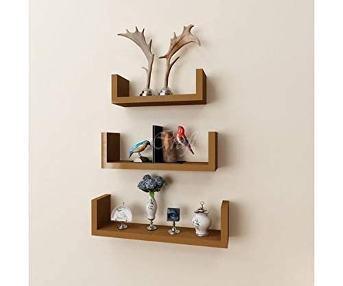 Image of DECORVISTA Wooden Handcrafted Wall Shelf Beautiful Floating Wall Racks Shelves Living & Bed Room Decor U Shaped Set of 3 (Multi) (Brown)