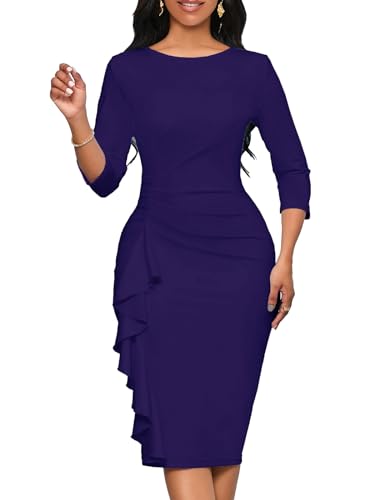 Image of Church Dresses for Women 3 /4 Sleeve Ruffle Vintage Bodycon Cocktail Work Midi Pencil Dress