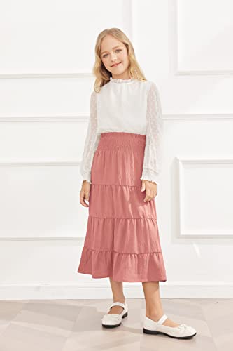 Hopeac Girls A-Line Maxi Skirt Linen?Cotton High Waist Elastic Smocked Flare Hem Tiered Fall Boho Long Swing Skirt Pink #TOP3