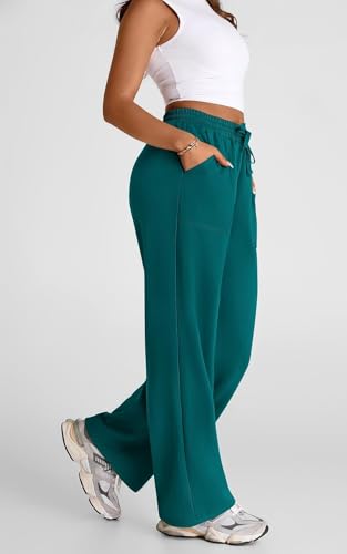 Image of Q - RIOUS Women's Wide Leg High Waisted Baggy Lounge Sweat Pants Drawstring Athletic Flared Joggers with Pockets