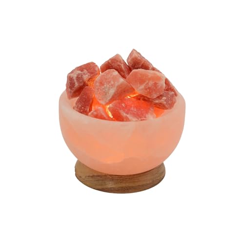 HAF Beleuchtete Salzkristallschale Rund aus echtem Kristallsalz | Salzkristalllampe | Salzsteinlampe auf Holzsockel aus der Salt Range Punjab | Dekorative Nachttischlampe für Wellness & Meditation