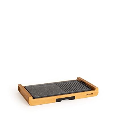 CREATE/STONE FLAT BAMBOO/Elektrische Grillplatte/Grillplatte mit doppeltem Grillmuster, Bratplatte und Grill, einstellbarer Thermostat, BPA-frei, Naturbambus, 1800W