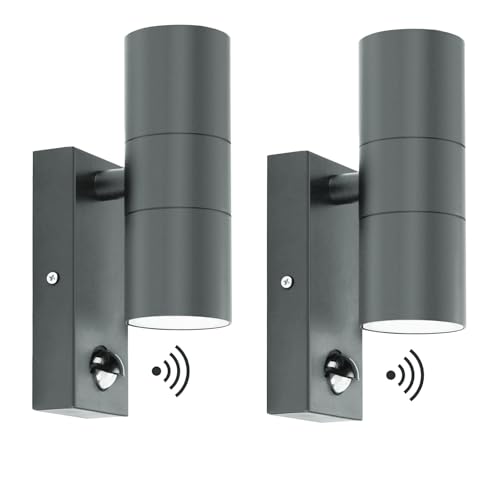 Kerry Outdoor Wall Lights, Up and Down Lamp with Motion Sensor, IP44 Anthracite Grey Stainless Steel Outside Lighting Mains Powered Fixtures, PIR Detector External Wall Sconce for Front Door - 2 Pack