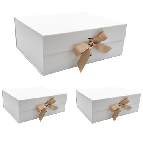 Tekhoho Paquete de 3 Cajas de Regalo Grandes Blanco 33.5x27x12.5 cm, Caja de Regalos Premium con Tapa MagnéTica y Cinta para Embalaje de Regalos de Bodas y CumpleañOs, Forro a Cuadros