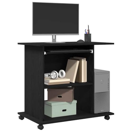 Bureau ordinateur 80 cm chêne noir mobile avec niches de stockage intégrées