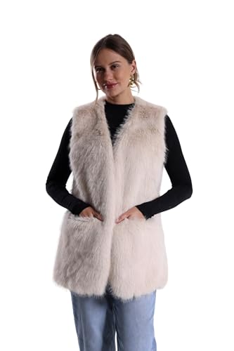 FunnyCos Women's Faux Rabbit Fur Vest Jacket Waistcoat Coat Winter V Neck Sleeveless Fluffy Warm Fake Fur Gilet with Pockets Beige,L