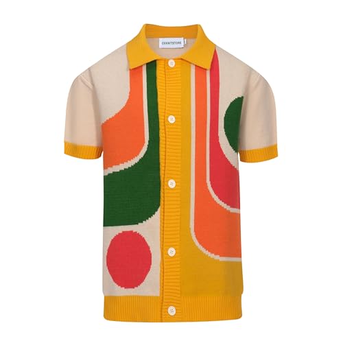 OXKNIT Mens Casual 60s Retro Geometric Knitted Short Sleeve Vintage Button Down Golf Polo