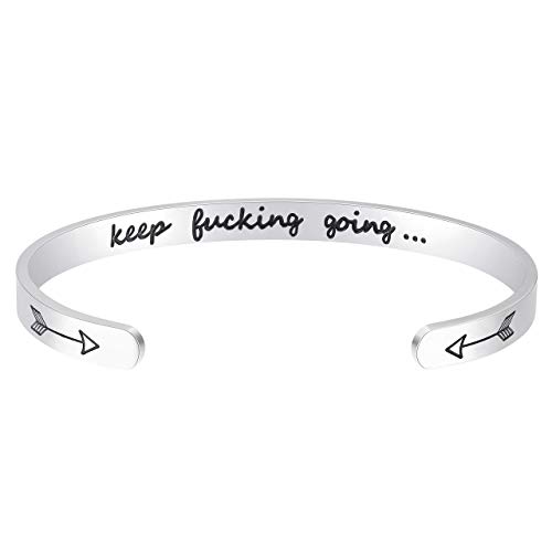 NRRN Inspirational Bracelets for Women,Stainless Steel Engraved Personalized Positive Mantra Quote Keep Going Cuff Bangle College Graduation for Her