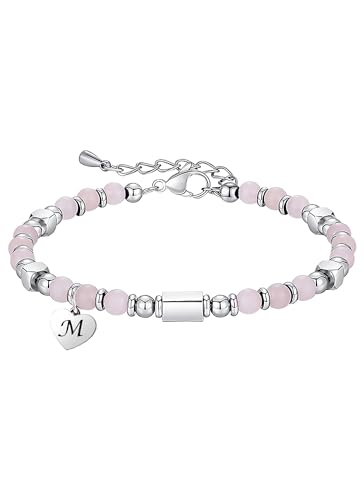 HAYOUWAY 4mm Rosenquarz Edelstein Armband Damen Mädchen mit Buchstaben Charm Heilsteine Armband, Naturstein Armbänder Geschenke für Frauen Mädchen Beste Freundin Geburtstag, Chakra Perlenarmband Damen